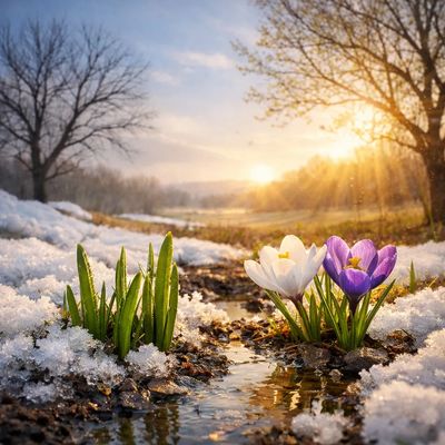 Early spring flowers emerging through snow in Billings Montana — a metaphor for healing in therapy